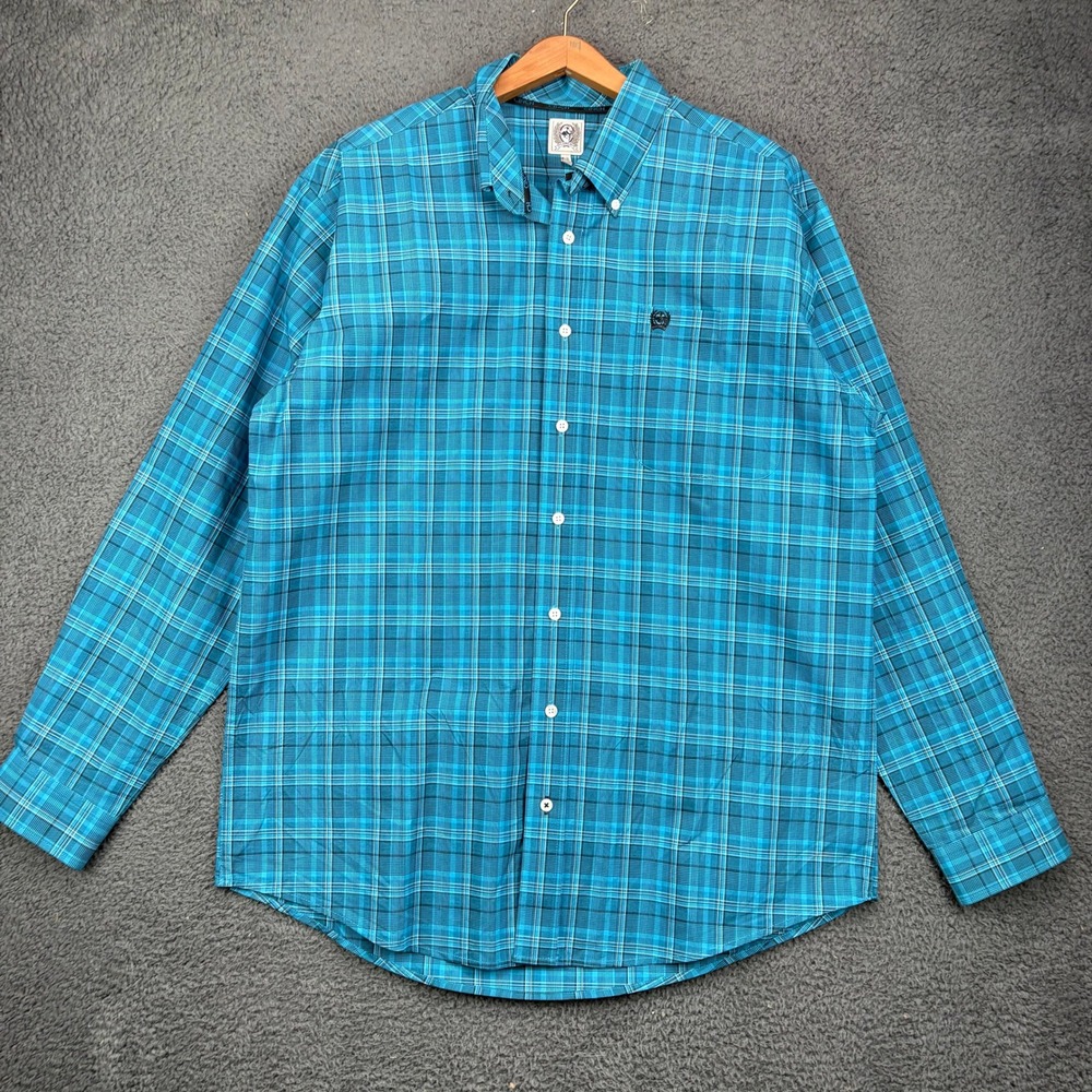 Cinch Mens Medium Turquoise Blue Plaid Long Sleeve Button Down Shirt MTW1104381